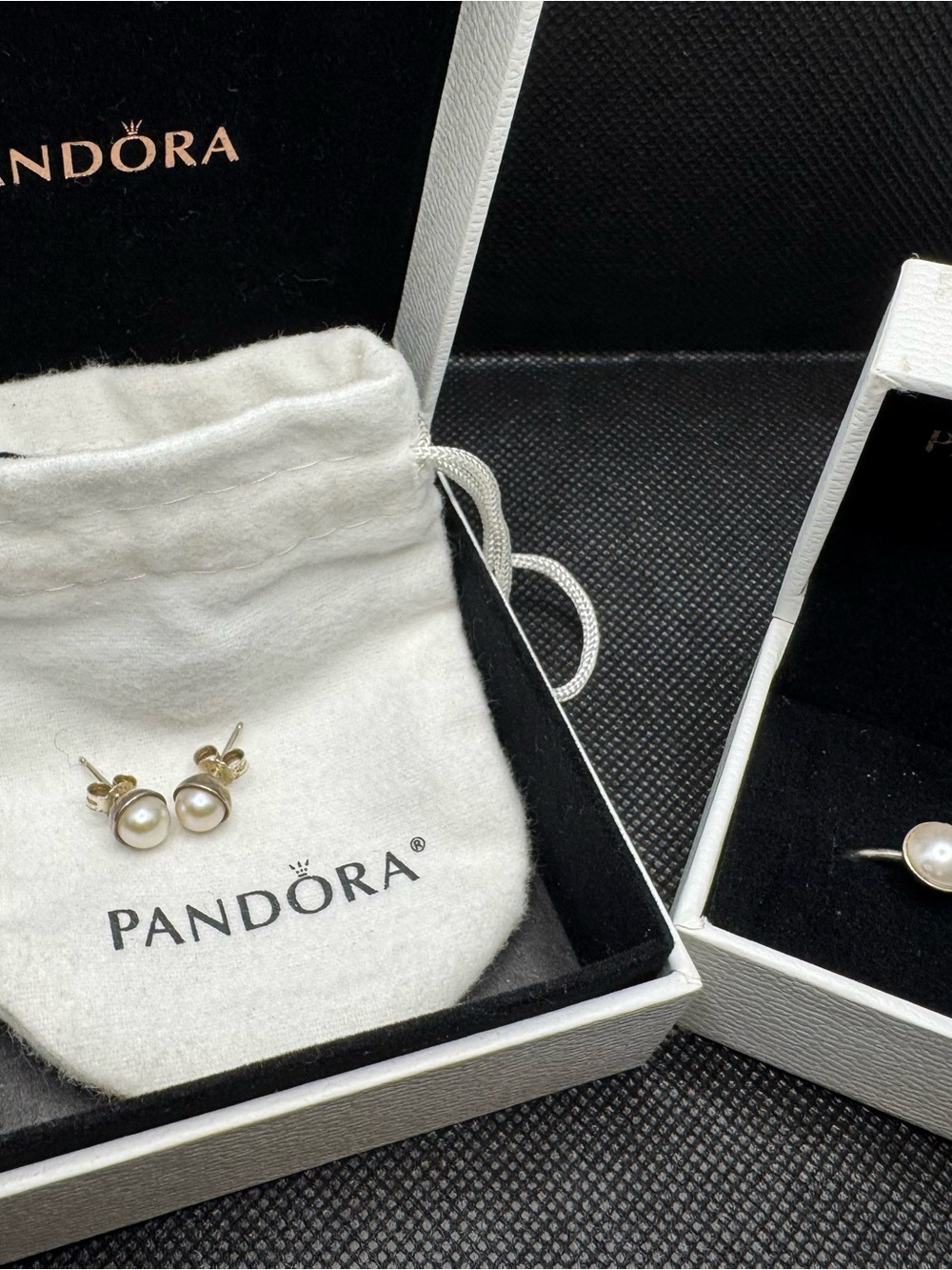 Pandora Silver Pearl Stud Earrings and Size 6 Ring - Picture 6 of 6